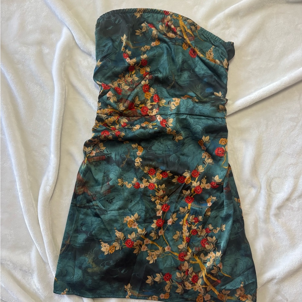 Cider Strapless Dress with Red and Gold Floral Design